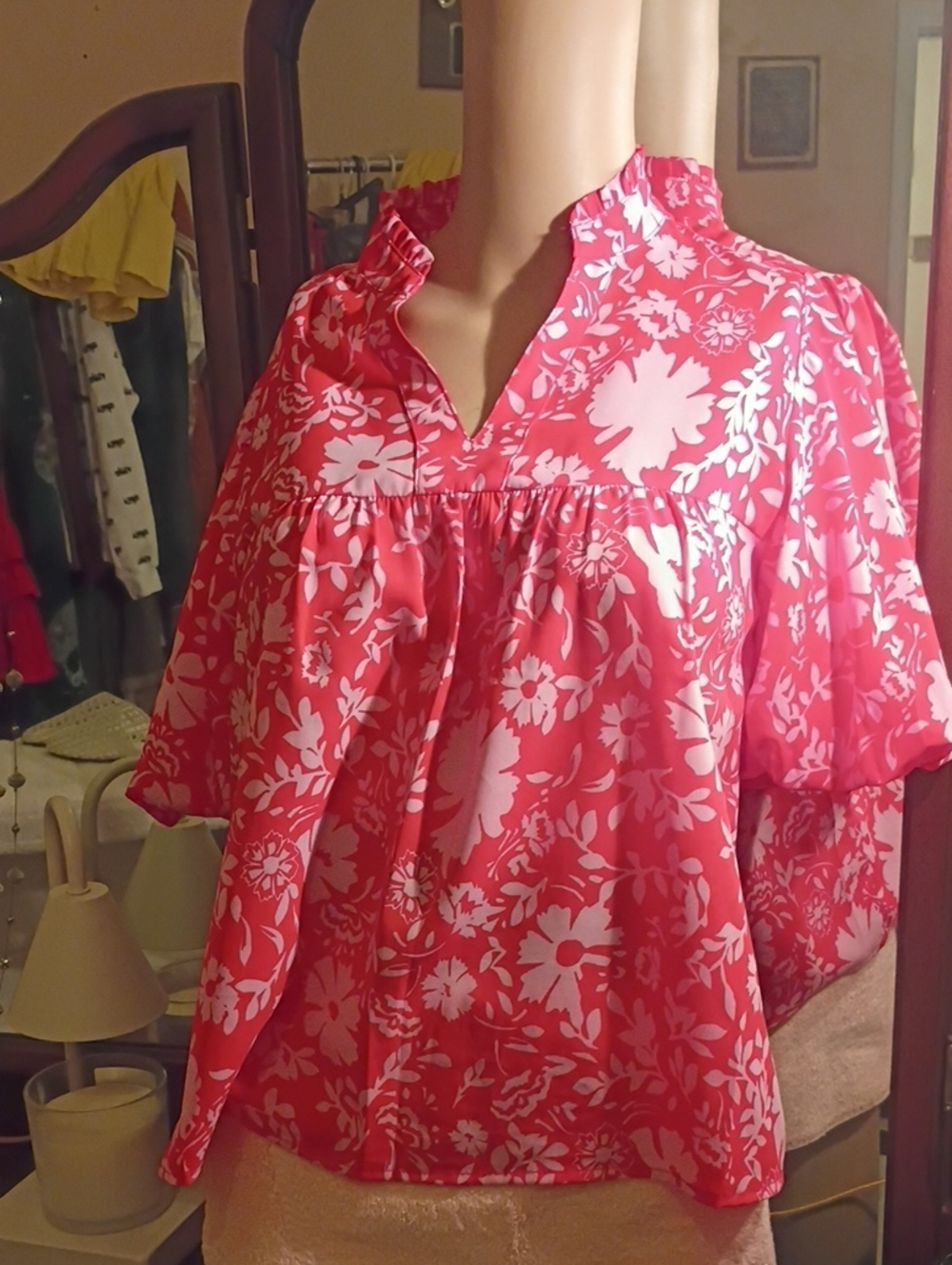 THML Pink and White Floral Ruffled V-Neck Blouse